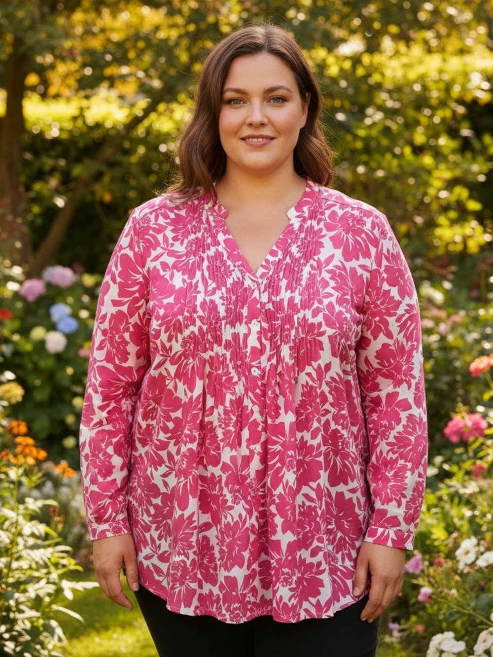 Foxcroft NYC Pink Floral Pintuck V-Neck Tunic